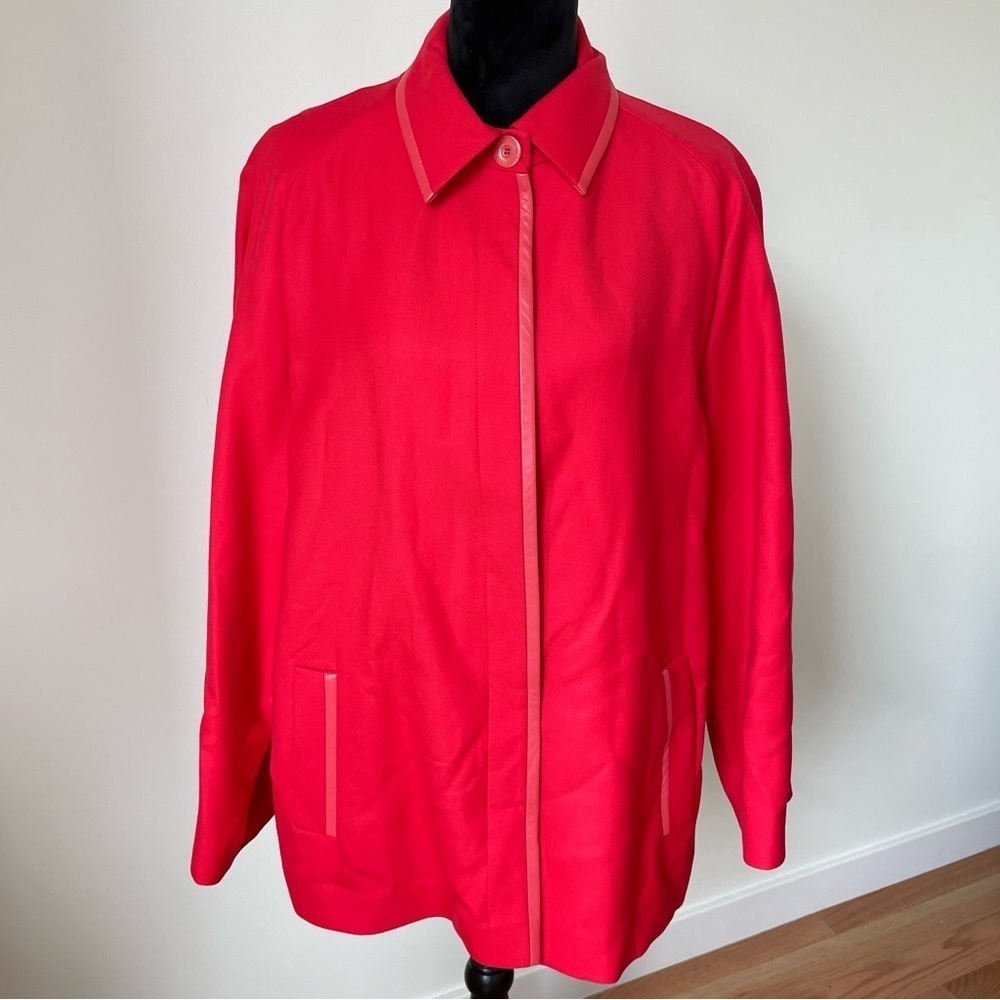 Louis Feraud Coral Pink Virgin Wool Leather Trimmed Hidden Button Jacket Size 14